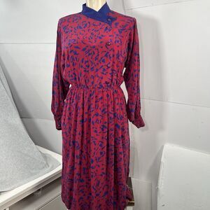 Vintage 80's Silk Studio 100% Silk Dress Blue Red abstract floral split sleeve M